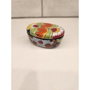 Mexican Talavera Pottery Oval Trinket Jewelry Box Multicolor Folk Art Hand Paint